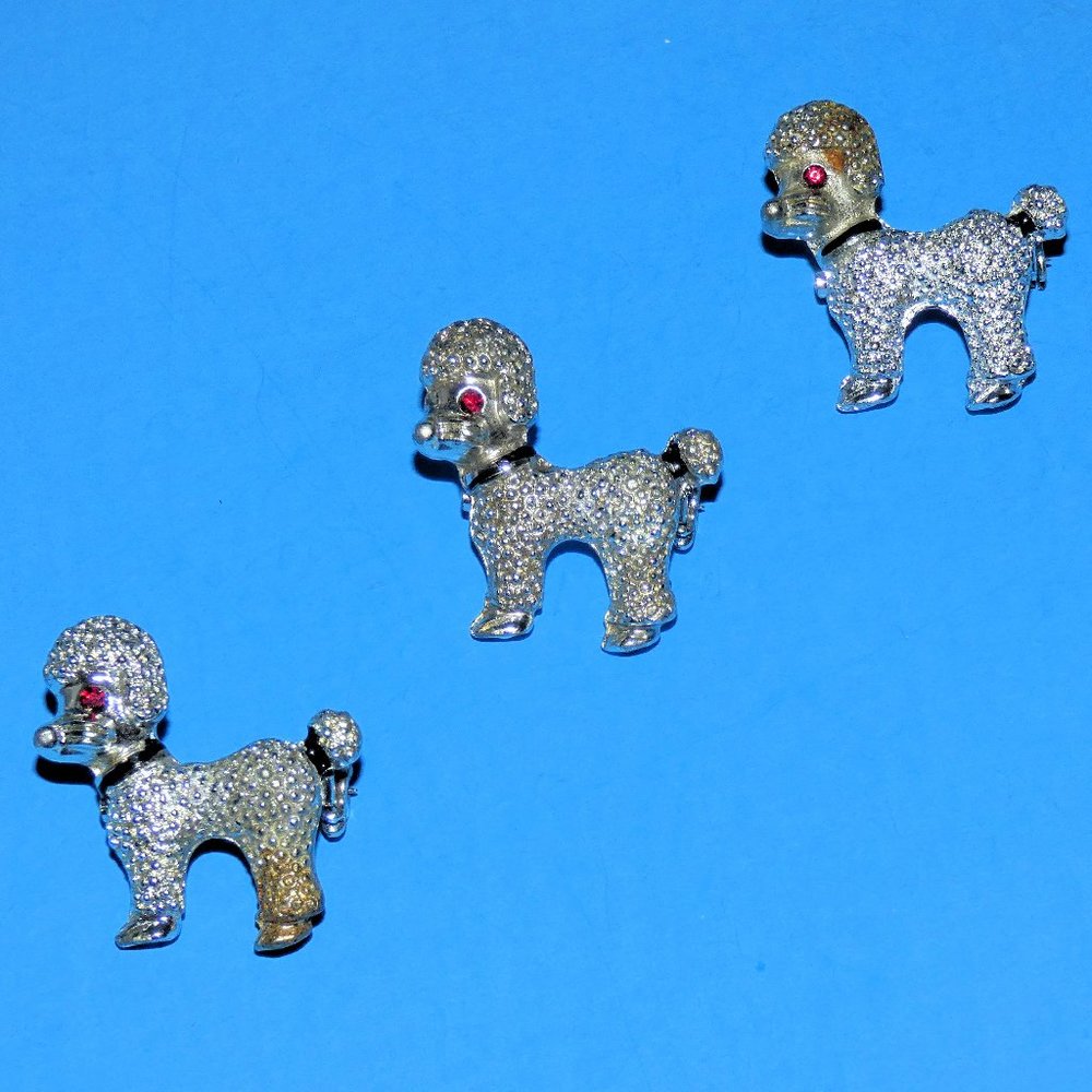 Vintage Standard Poodle Brooch Pin Lot Set Red Rhinestone Dog Puppy Silver Tone